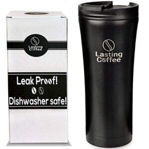 lasting coffee leak proof dishwasher safe double wall vacuum insulated stainless steel travel mug, 16 oz (black)