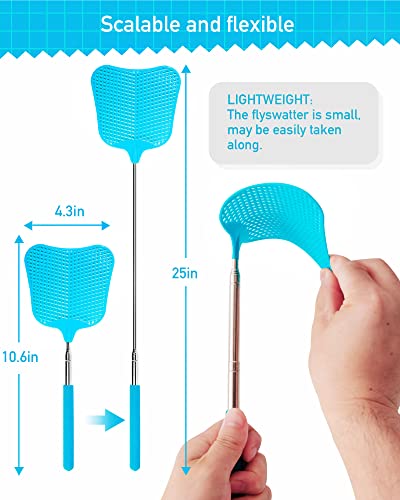 Wapodeai 2 Pack Fly Swatters Heavy Duty Set, Fly Swatter, Telescopic Fly Swatters, Stainless Steel Handle for Flyswatter. (Blue)