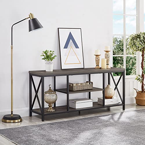 EXCEFUR 55 inch TV Stand for TV up to 65 inch, Rustic Wood and Metal Media TV Console Table for Living Room, Grey