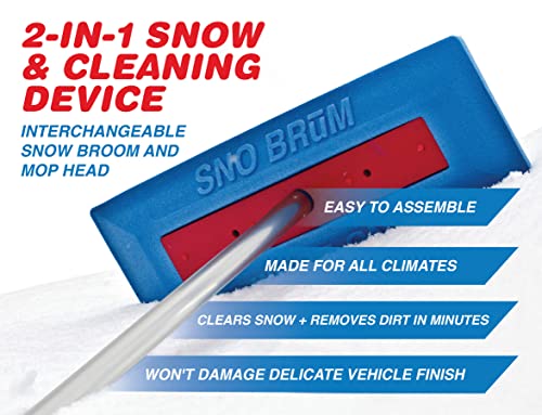 SNOBRUM 365 - Snow Remover for Cars and Trucks with Microfiber Mop Head for Cleaning - 2-in-1 Snow and Car Cleaning Brush for Year Round Use - 28 to 63 Inch Automotive Brush with Foam and Mop Head