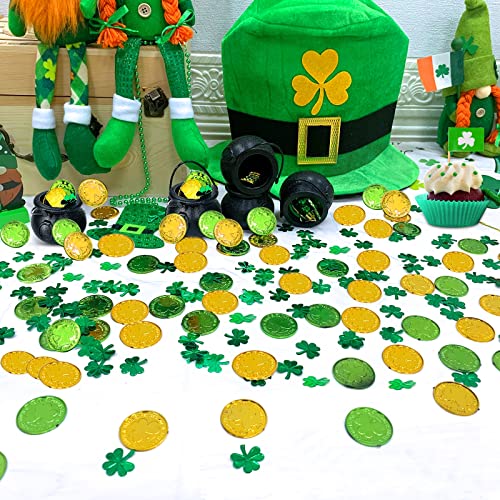 TURNMEON St Patricks Day Pot of Gold, 6 Candy Cauldron Kettles with 72 Plastic Shamrocks Gold Coins 138 Clover Confetti Party Decorations Supplies for Saint Patricks Day Table Home Indoor Decor