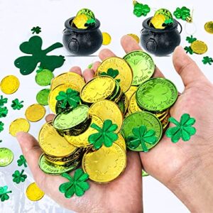 TURNMEON St Patricks Day Pot of Gold, 6 Candy Cauldron Kettles with 72 Plastic Shamrocks Gold Coins 138 Clover Confetti Party Decorations Supplies for Saint Patricks Day Table Home Indoor Decor