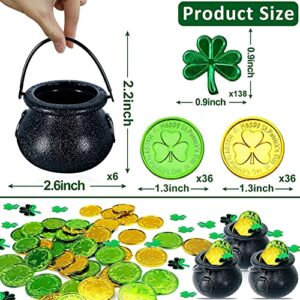 TURNMEON St Patricks Day Pot of Gold, 6 Candy Cauldron Kettles with 72 Plastic Shamrocks Gold Coins 138 Clover Confetti Party Decorations Supplies for Saint Patricks Day Table Home Indoor Decor