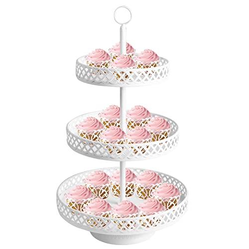 Weharnar Cupcake Stand - 3 Tier Metal Cupcake Tower - Dessert Table Display Set Round Cake Holder Tiered Serving Tray for Cup Cakes Desserts Fruits Candy Cookie Buffet, White