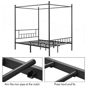 Topeakmart Black Four-Poster Canopy Metal Bed Frame with Headboard and Footboard Sturdy Slatted Structure No Box Spring Needed Queen Size