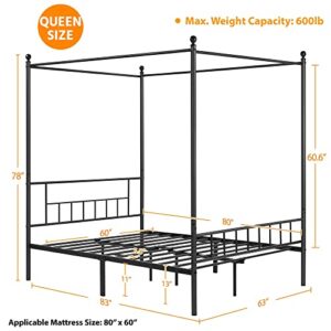 Topeakmart Black Four-Poster Canopy Metal Bed Frame with Headboard and Footboard Sturdy Slatted Structure No Box Spring Needed Queen Size