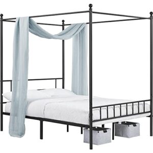 Topeakmart Black Four-Poster Canopy Metal Bed Frame with Headboard and Footboard Sturdy Slatted Structure No Box Spring Needed Queen Size