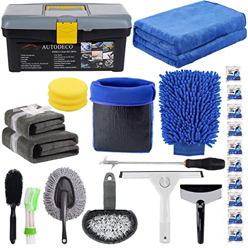 AUTODECO 26Pcs Car Wash Cleaning Kit - Car Care Wash Tools Kit Car Detailing Set with Snow Shovel Microfiber Cleaning Cloth Clay Mitt Car Wash Mitt Storage Box