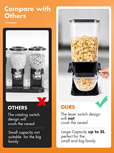 Conworld Cereal Dispenser Countertop, Large Capacity Rice Dispenser Cereal Container Storage, Not Easy to Crush Food, Dry Food Dispenser for Rice, Candy & Snack, Black (5.5 Qt)