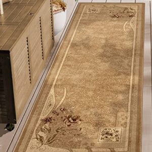 superior indoor area rug or runner, jute backing, traditional farmhouse floral block, ideal for entryway, living room, kitchen, bedroom, hallway, floor cover, ruban collection, 2' 7" x 8', taupe
