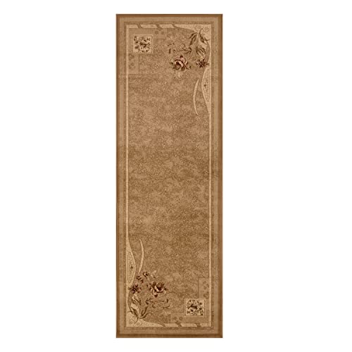 Superior Indoor Area Rug or Runner, Jute Backing, Traditional Farmhouse Floral Block, Ideal for Entryway, Living Room, Kitchen, Bedroom, Hallway, Floor Cover, Ruban Collection, 2' 7" x 8', Taupe