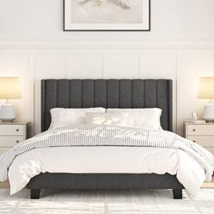 yaheetech queen size bed frame, upholstered platform bed with wing edge channel headboard, square tufted fabric/mattress foundation/wooden slats support/no box spring needed/easy assembly/dark gray