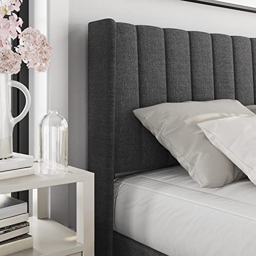 Yaheetech Queen Size Bed Frame, Upholstered Platform Bed with Wing Edge Channel Headboard, Square Tufted Fabric/Mattress Foundation/Wooden Slats Support/No Box Spring Needed/Easy Assembly/Dark Gray