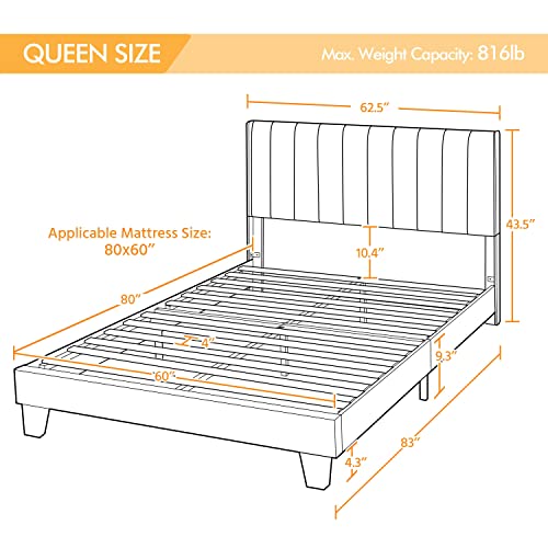 Yaheetech Queen Size Bed Frame, Upholstered Platform Bed with Wing Edge Channel Headboard, Square Tufted Fabric/Mattress Foundation/Wooden Slats Support/No Box Spring Needed/Easy Assembly/Dark Gray