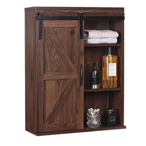 RUSTOWN Farmhouse Wood Wall Storage Bathroom Cabinet with Sliding Barn Door, Rustic Medicine Cabinet with Adjustable Shelf, 3-Tier Vintage Cabinet for Kitchen Dining, Bathroom, Living Room (Walnut)