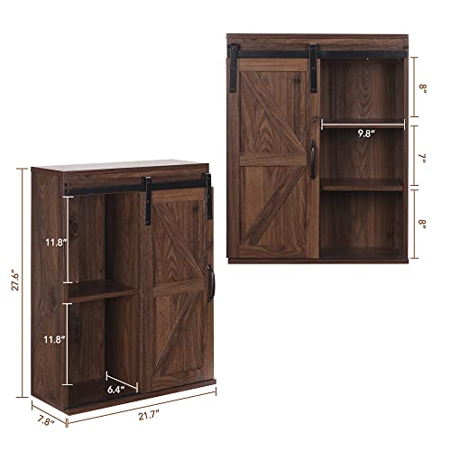 RUSTOWN Farmhouse Wood Wall Storage Bathroom Cabinet with Sliding Barn Door, Rustic Medicine Cabinet with Adjustable Shelf, 3-Tier Vintage Cabinet for Kitchen Dining, Bathroom, Living Room (Walnut)