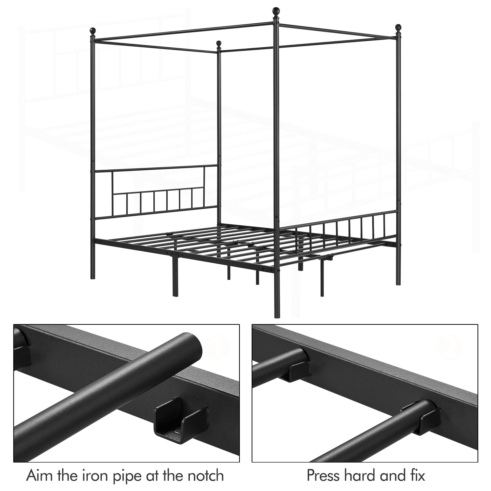 Yaheetech Canopy Bed Frames Platform Bed Frame Four-Poster Canopied Bed Mattress Foundation with Headboard and Footboard Sturdy Slatted Structure No Box Spring Needed Easy Assembly Full/Black