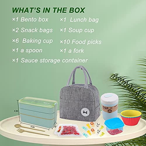 UHAPPYEE Bento box Japanese Lunch Box,Lunch Box Kit 3-In-1 Compartment,Leak-proof Wheat Straw Lunch Container Bento Lunch Box for Adults (Green)