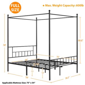 Yaheetech Canopy Bed Frames Platform Bed Frame Four-Poster Canopied Bed Mattress Foundation with Headboard and Footboard Sturdy Slatted Structure No Box Spring Needed Easy Assembly Full/Black