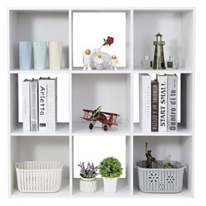 jupiterforce 9 cube storage organizer wooden display shelf w/ 5 removable back panels, customizable bookcase bookshelf for home, office, bedroom and living room (white)