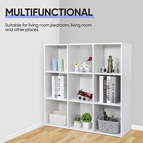 JupiterForce 9 Cube Storage Organizer Wooden Display Shelf W/ 5 Removable Back Panels, Customizable Bookcase Bookshelf for Home, Office, Bedroom and Living Room (White)