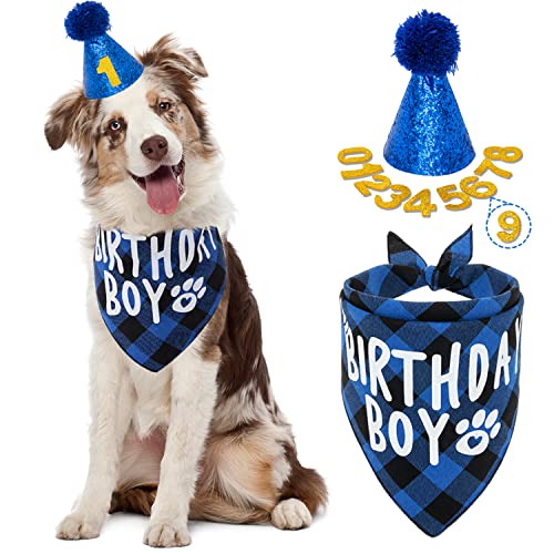 FLYSTAR Dog Birthday Bandana with Hat and Number - Plaid Cute Doggy Bandana for Small Medium Large Dogs Boy- Blue Triangle Scarf Bibis Party Dog Outfits