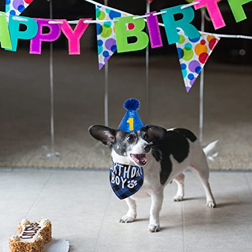 FLYSTAR Dog Birthday Bandana with Hat and Number - Plaid Cute Doggy Bandana for Small Medium Large Dogs Boy- Blue Triangle Scarf Bibis Party Dog Outfits