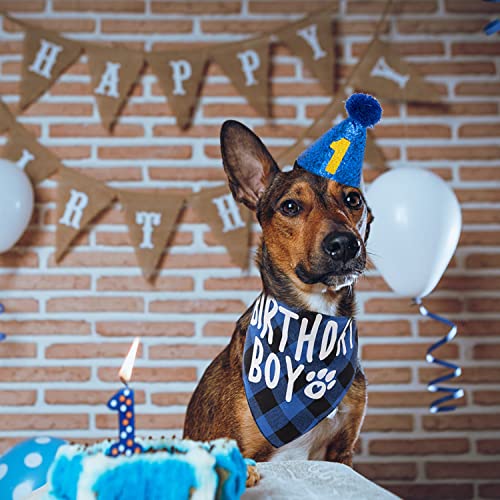 FLYSTAR Dog Birthday Bandana with Hat and Number - Plaid Cute Doggy Bandana for Small Medium Large Dogs Boy- Blue Triangle Scarf Bibis Party Dog Outfits