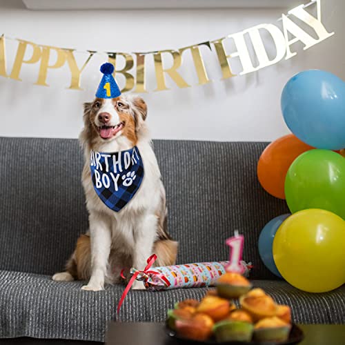 FLYSTAR Dog Birthday Bandana with Hat and Number - Plaid Cute Doggy Bandana for Small Medium Large Dogs Boy- Blue Triangle Scarf Bibis Party Dog Outfits