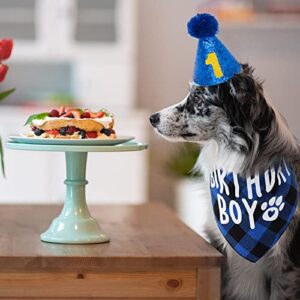 FLYSTAR Dog Birthday Bandana with Hat and Number - Plaid Cute Doggy Bandana for Small Medium Large Dogs Boy- Blue Triangle Scarf Bibis Party Dog Outfits