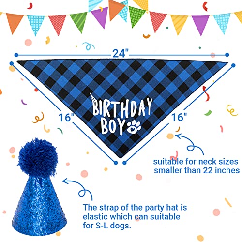 FLYSTAR Dog Birthday Bandana with Hat and Number - Plaid Cute Doggy Bandana for Small Medium Large Dogs Boy- Blue Triangle Scarf Bibis Party Dog Outfits