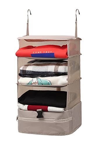 ELEZAY Hanging Packing Cubes Portable Closet Shelves Travel Collapsible Compression Garment Organizer for Carry-on Luggage Suitcase with Breathable Perforated Material Large_11.8*11.8*24 IN, Beige