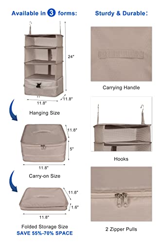 ELEZAY Hanging Packing Cubes Portable Closet Shelves Travel Collapsible Compression Garment Organizer for Carry-on Luggage Suitcase with Breathable Perforated Material Large_11.8*11.8*24 IN, Beige