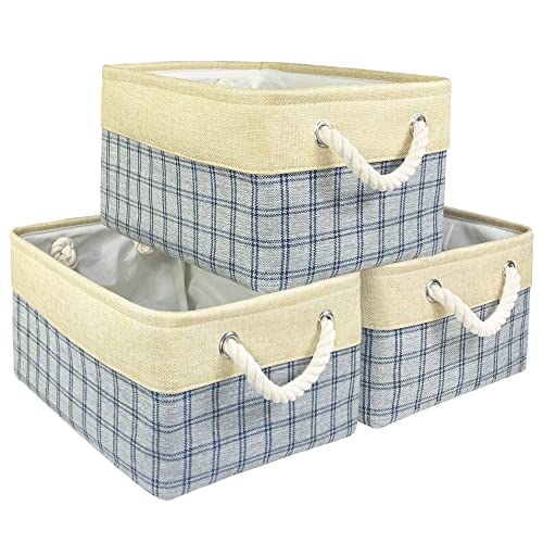 Fabric Storage Bins Baskets for Shelves, Closet Organizers and Storage Basket for Organizing, Decorative Basket for Gift Empty, Closet Towel, Books, Nursery, Home (Green Plaid/Beige, 3 Pack)