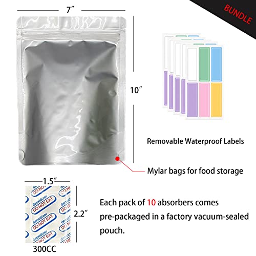 60 Mylar Bags for Food Storage with Oxygen Absorbers 300cc, Thick 5 mil, 7"x10" Quart Stand-Up Zipper Pouches, Heat Sealable Mylar Bags for Long Term Food Storage (60)