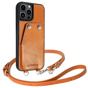 luckycoin crossbody iphone 13 pro max case - genuine leather wallet, card slots, adjustable strap, 6.7", brown