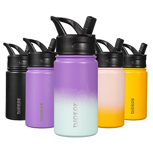 BJPKPK Kids Water Bottle with Straw Lid, 15oz Stainless Steel Water Bottles, Insulated Water Bottle for School, Reusable Leak Proof BPA Free Flask, Lavender