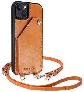 luckycoin for iphone 13 crossbody leather case genuine leather card slot holders wallet protective case adjustable leather strap lanyard compatible with 2021 new apple iphone 13 6.1 inch brown