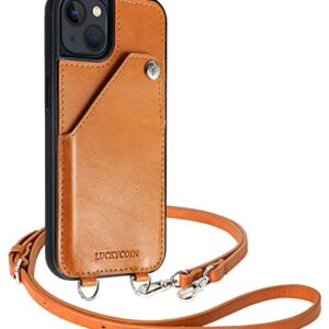 LUCKYCOIN for iPhone 13 Crossbody Leather Case Genuine Leather Card Slot Holders Wallet Protective Case Adjustable Leather Strap Lanyard Compatible with 2021 New Apple iPhone 13 6.1 inch Brown