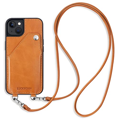 LUCKYCOIN for iPhone 13 Crossbody Leather Case Genuine Leather Card Slot Holders Wallet Protective Case Adjustable Leather Strap Lanyard Compatible with 2021 New Apple iPhone 13 6.1 inch Brown