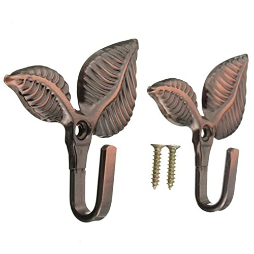 AKOAK Pack of 2, Metal Leaf Shape Wall Decoration Hook, Retro Curtain Door Wall Hat Hook, Can Hang Coat, Scarf, Bag, Key (Red Bronze)