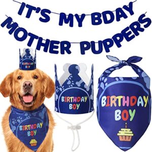 odi style dog birthday party supplies - dog birthday bandana set - birthday boy bandana for medium, large dogs, party hat, crown and cute dog birthday banner with it's my birthday mother puppers sign