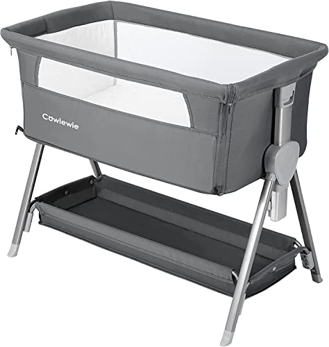 Cowiewie Baby Bassinet with Bed Mattress and Storage | 7-Levels Height Adjustable | Basket Beside Bassinet Sleeper Impact Cotton Protects Baby's Head and Feet