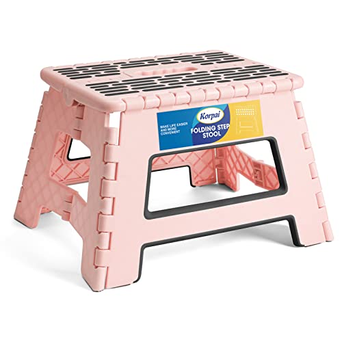 Korpai The Latest 9" Folding Step Stool for Adults and Kids Holds Up to 300 lbs,Non-Slip Folding Stools with Portable Handle, Compact Plastic Foldable Step Stool for Bathroom,Kitchen,Sakura Pink,1PC