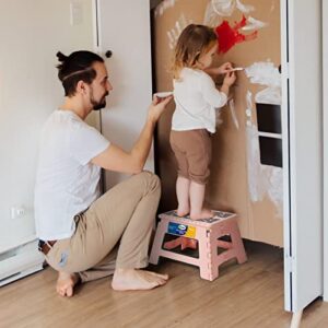 Korpai The Latest 9" Folding Step Stool for Adults and Kids Holds Up to 300 lbs,Non-Slip Folding Stools with Portable Handle, Compact Plastic Foldable Step Stool for Bathroom,Kitchen,Sakura Pink,1PC