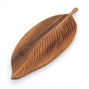 lahoni wooden leaf shaped decorative trays, wood serving tray rustic storage platter for snacks, dessert, tea, fruits, breads, food display (4.7x11.8 inch, brown)