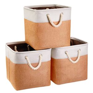 i bkgoo 3pack large foldable storage bins，collapsible sturdy cationic fabric organizing storage basket cube with cotton handles for home office shelf clothes toys beige-orange 13×13×13 inch