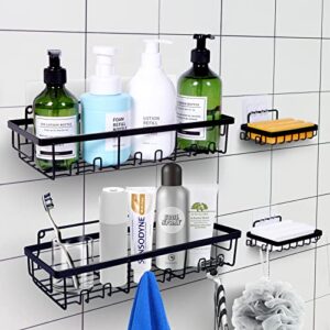 shower caddy basket shelf with hooks, 2 pack, no drilling traceless adhesive storage organizer with soap dish holder, 304 stainless steel, wall mounted storage shelf for bathroom, kitchen, black