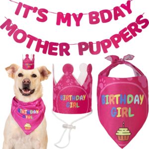 odi style dog birthday party supplies - dog birthday bandana set - birthday girl bandana for medium, large dogs, party hat, crown and cute dog birthday banner with it's my birthday mother puppers sign