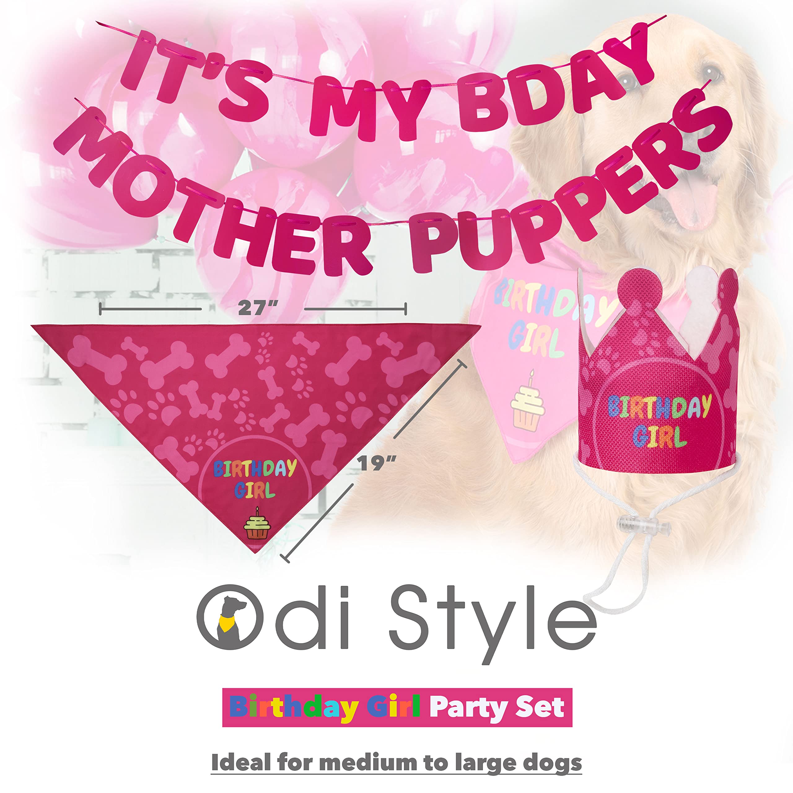 Odi Style Dog Birthday Party Supplies - Dog Birthday Bandana Set - Birthday Girl Bandana for Medium, Large Dogs, Party Hat, Crown and Cute Dog Birthday Banner with It's My Birthday Mother Puppers Sign